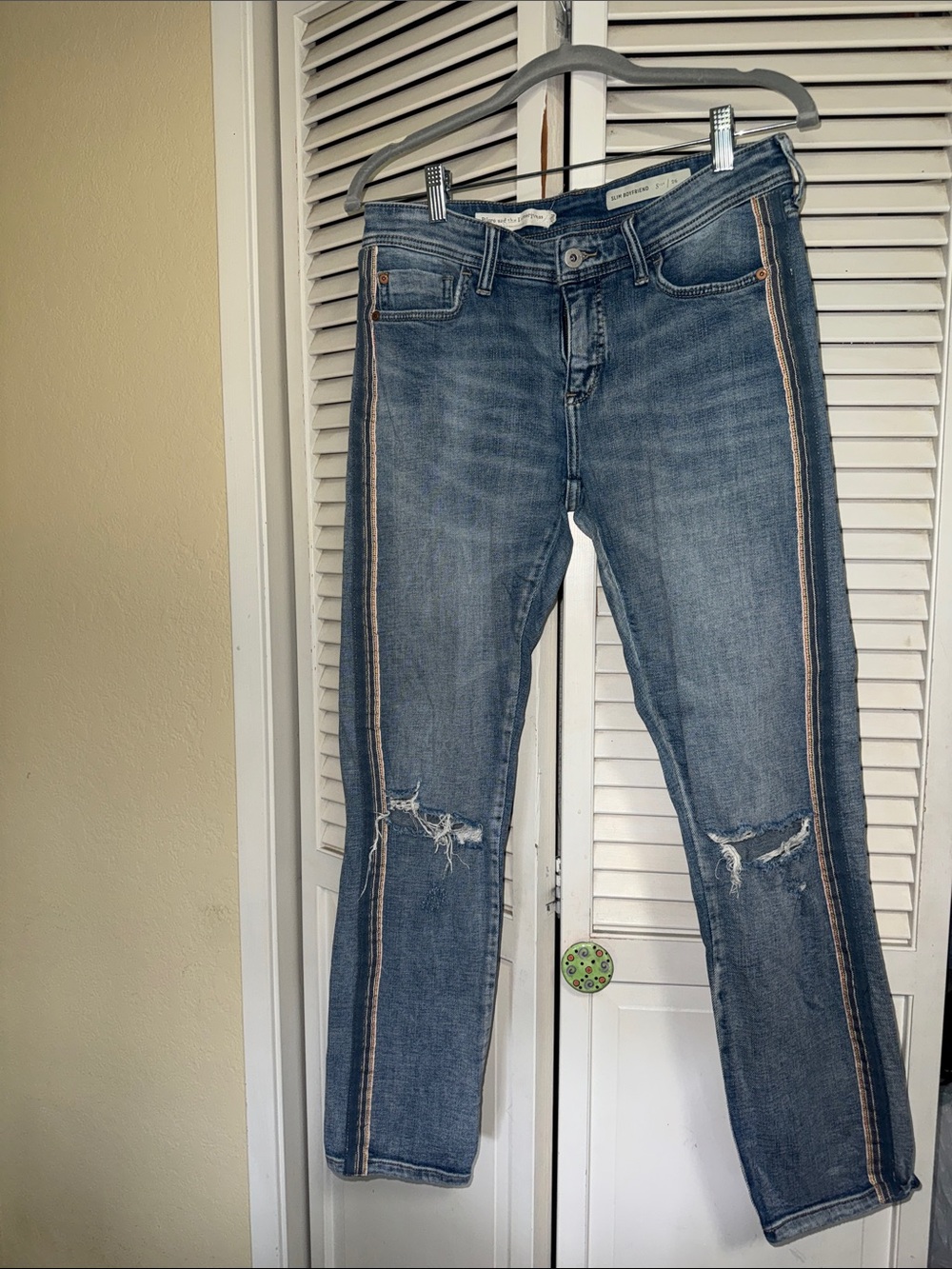 Slim Fit Distressed Women's Jeans with Side Stripe - Blue - Picture 1 of 4
